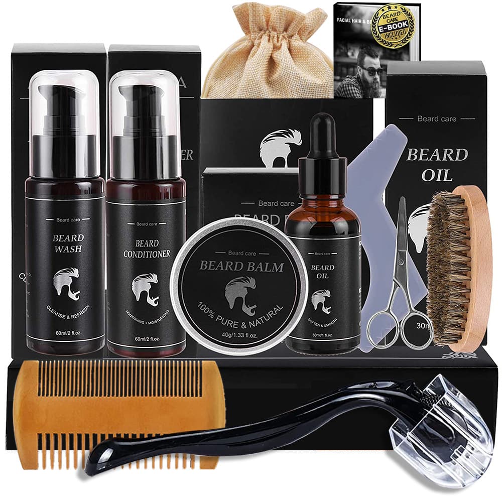 Beard Kit: Styling Beard Growth Serum, Beard Roller, Beard Care Balm, Beard Comb & Brush