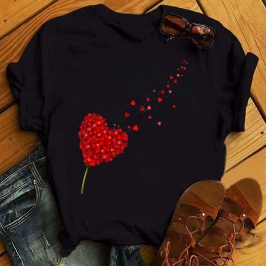 Valentine's Day Couple Love Print Short-Sleeve Crewneck T-Shirt European and American Women's Loose Top