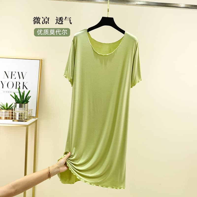 Summer Modal Round Neck Home Dress Loose Large Size Mid-Length Nightgown Short-Sleeved Outer Wear Cool Slimming Dress