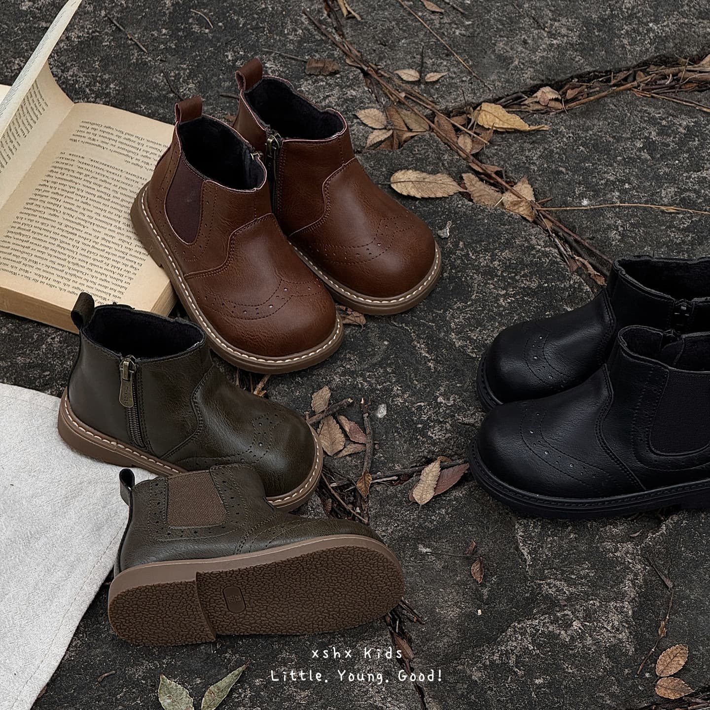 XSHX 'London Brogue' Children's Martin Leather Boots Unisex Side Zipper Chelsea Boots [Wenzhou Shoes]