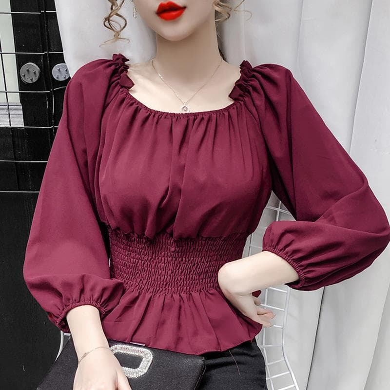 Spring and Autumn Korean Style New Style Waist Versatile Pleated Babydoll Shirt Temperament Square Neck Long Sleeve Short Chiffon Women's Top