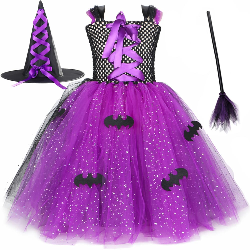 Foreign trade European and American Halloween children's long dress girls sequin mesh tutu skirt bat witch role play