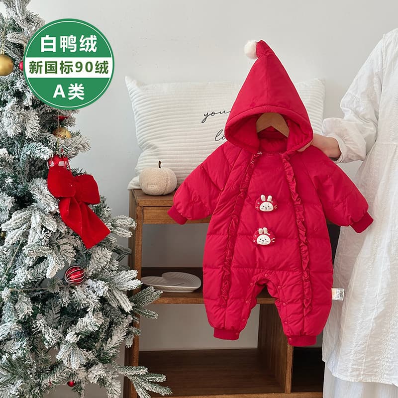 Newborn Winter Cute Strawberry White Duck Down Romper for Baby Girls, Stylish Festive Red Warm Outwear