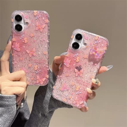 Pink flower butterfly suitable for Apple 16 mobile phone case iPhone17promax transparent glitter IMD case 15/14
