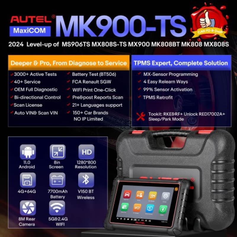 Autel MaxiCOM MK900TS MK900-TS Wireless TPMS Car Inspection Diagnostic Scanner Overseas
