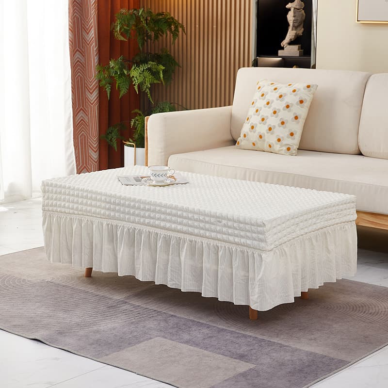 Seersucker Solid Color Elastic Table Cover Stretchable Full Wrap Rectangle Coffee Table Dust Cover with Ruffle Skirt Table Protector
