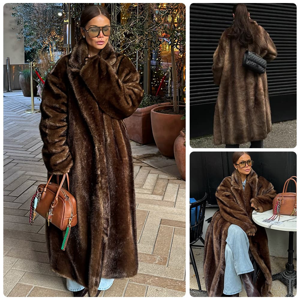 European and American cross-border foreign trade faux fur coat, 2025 winter trendy long coat with lapel fur for women