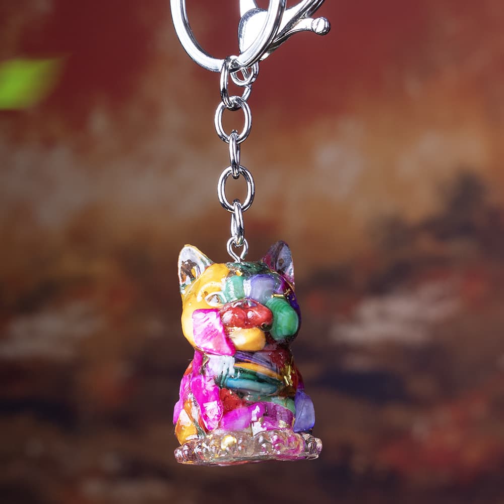 Cross-Border Popular Cute Handmade Sitting Cat Keychain Creative Fortune-Attracting Crystal Gravel Crafts Desktop Decoration