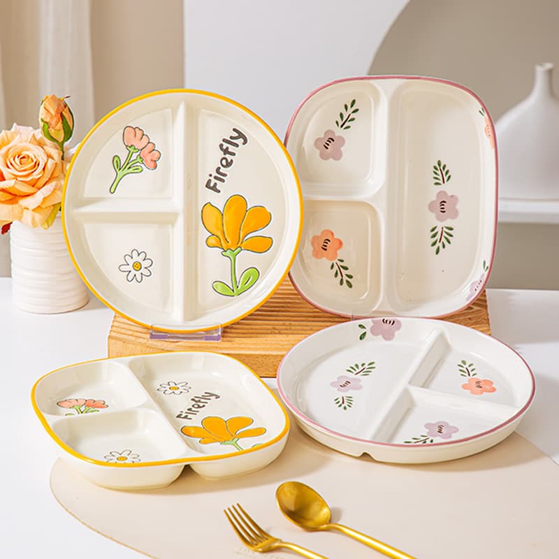 Nordic Style Ceramic Plate Portion Control Breakfast Dish Child Home Use Fat Reduction Meal Plate Three Grids Partition Plate