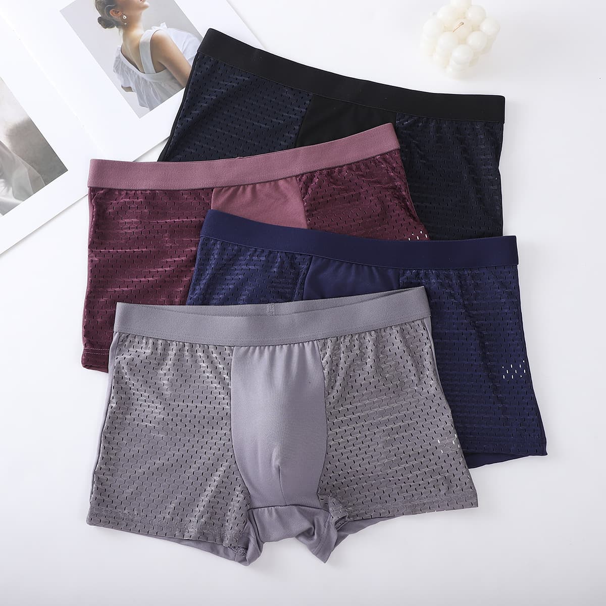 Ice Silk U-Shaped Underwear Boxer Shorts Pure Color Waistband Men's Four-Corner Pants Breathable Quick-Dry Polyester Fabric