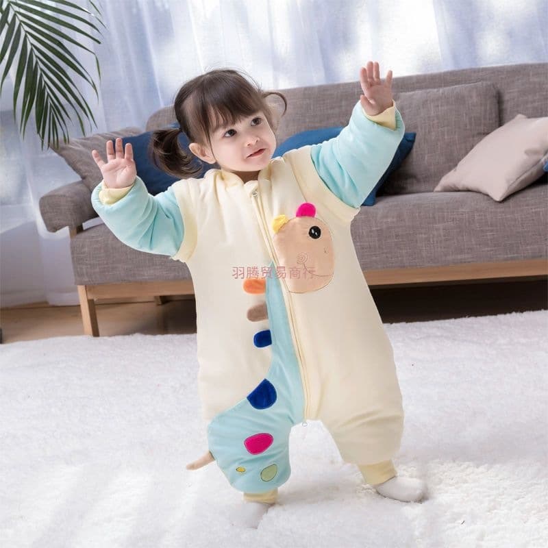 Children's Cartoon Anti-Kick Blanket, Detachable Sleeve Sleeping Bag, Thickened Pure Cotton Baby Autumn and Winter Onesie Pajamas for Boys and Girls