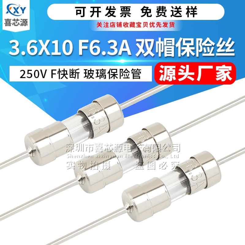Source Manufacturer 3.6X10mm Double Cap Glass Fuse F6.3A 250V Fast Blow Fuse with Lead Pin