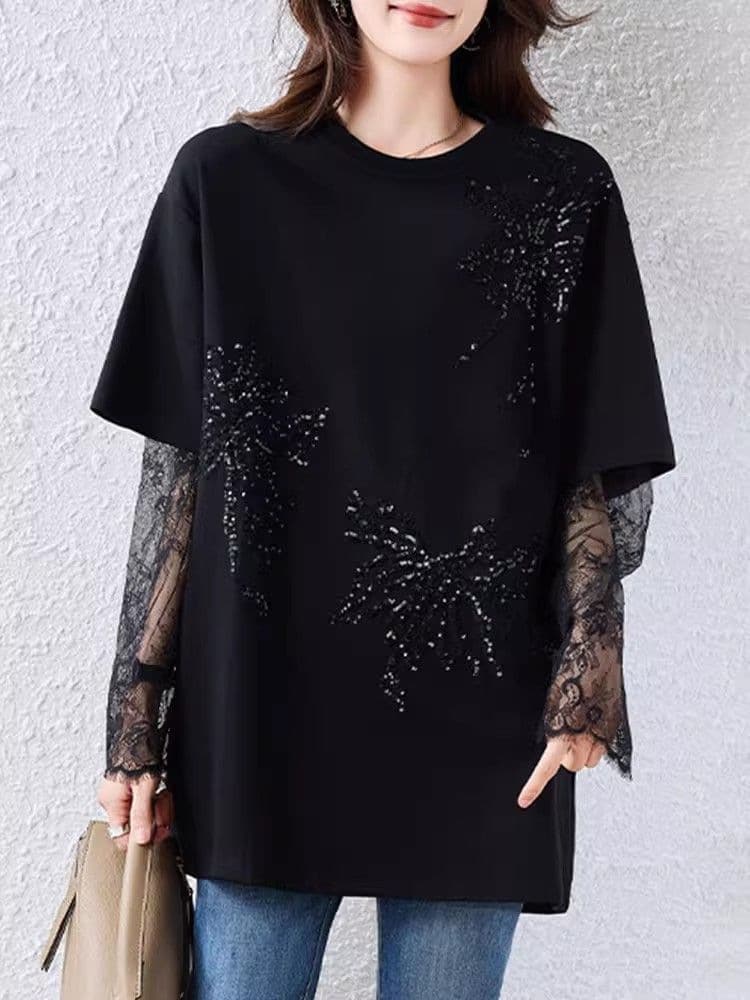 Plus Size Sequin Long Sleeve T-Shirt for Women 2025 New Style, Loose Fit for 300 lbs, Slimming Lace Fake Layered Top