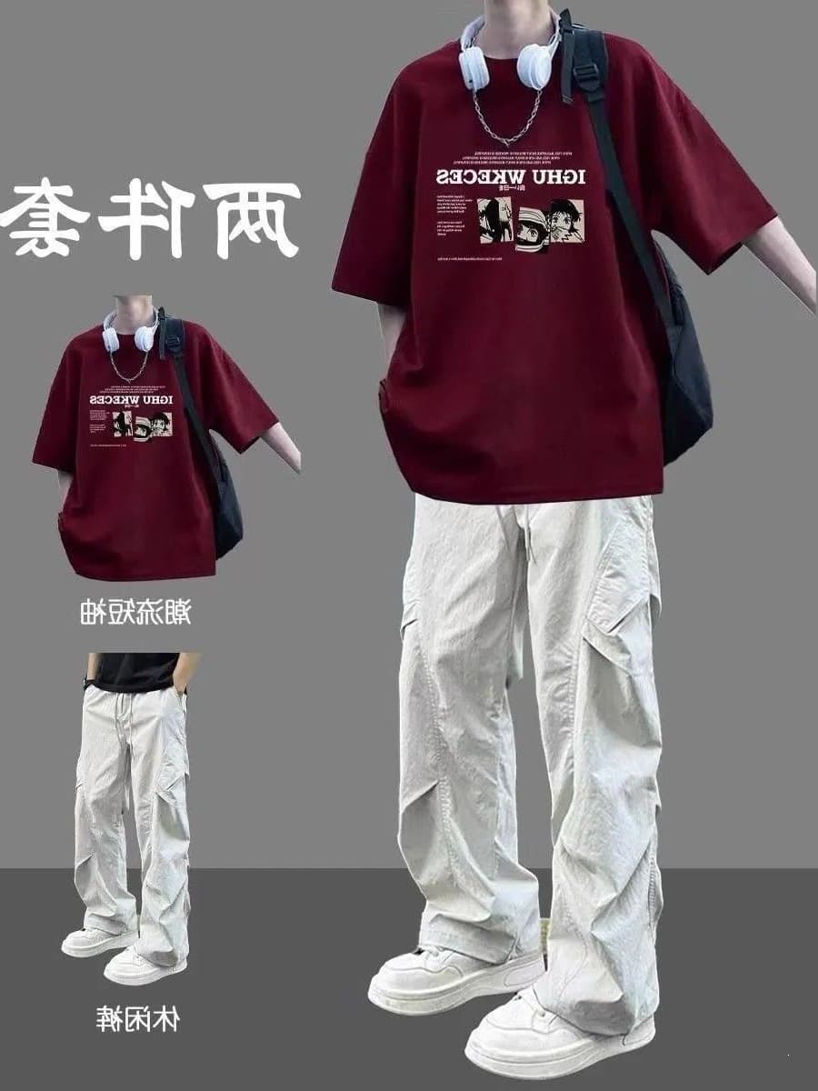 Summer Set Short Sleeve T-Shirt for Men High Street Ins Fashion Trendy Jeans Two-Piece Set Cool and Handsome In Stock