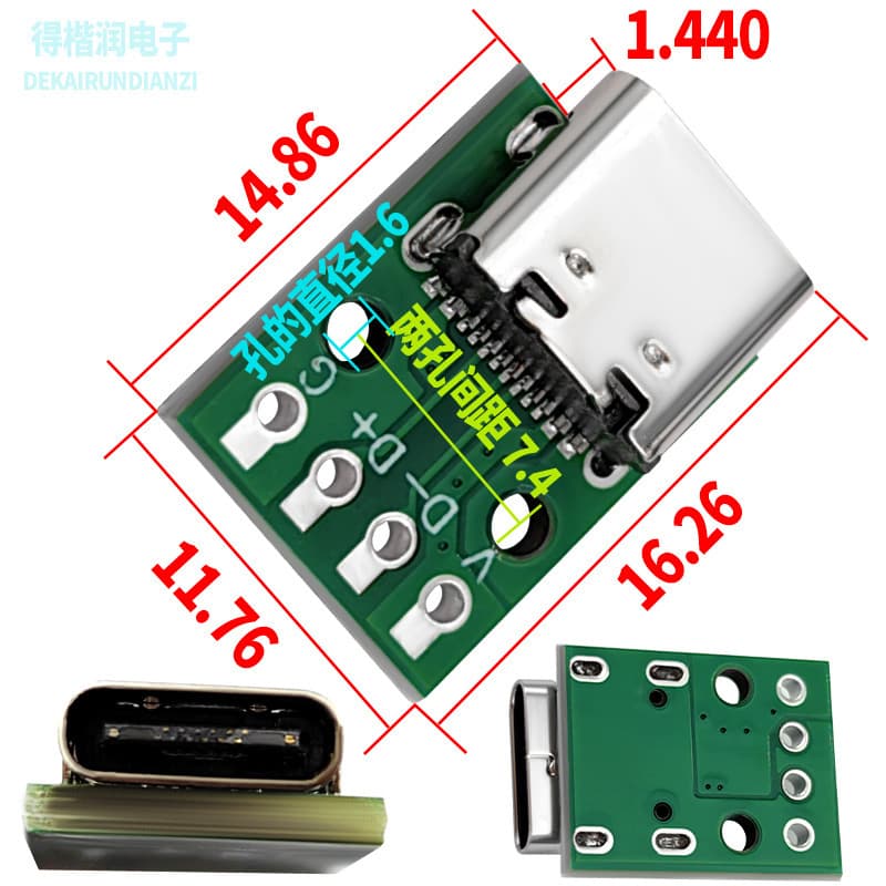 USB 3.1 Type-C Female Connector with Fixing Plate, Charging Data Interface C Male/Female Test Board, Double-Sided Insertion