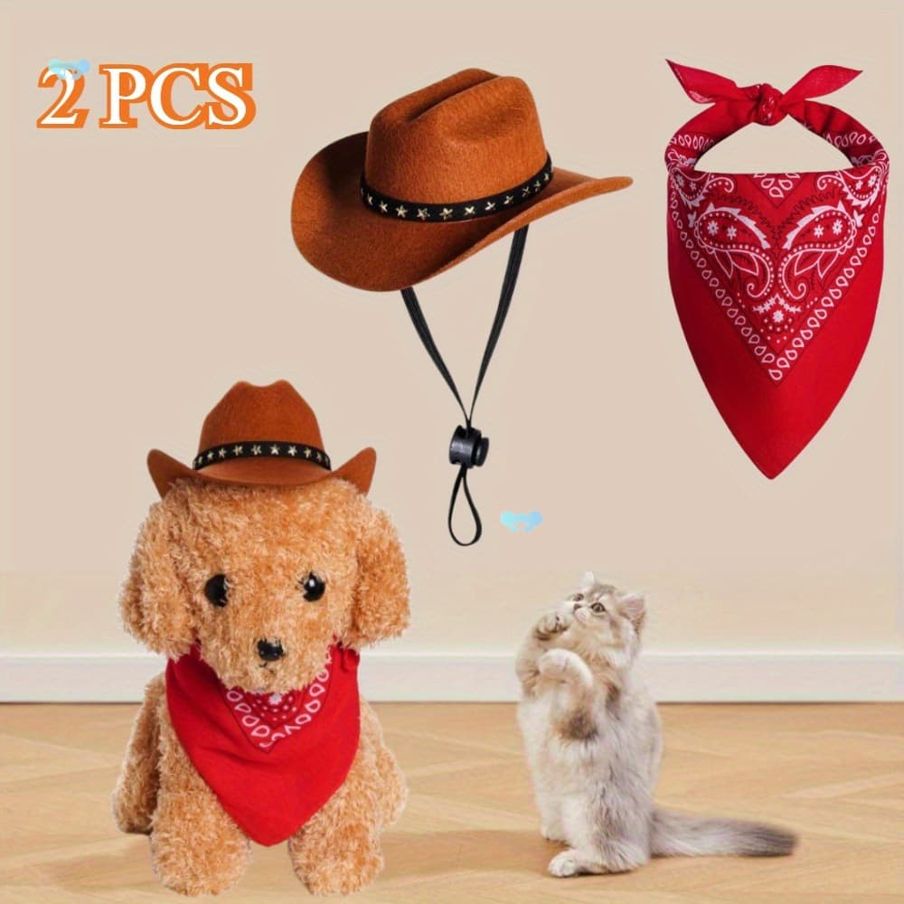 2pcs Dog Hat Party Outfit Cowboy Hat Scarf Party Dress Up