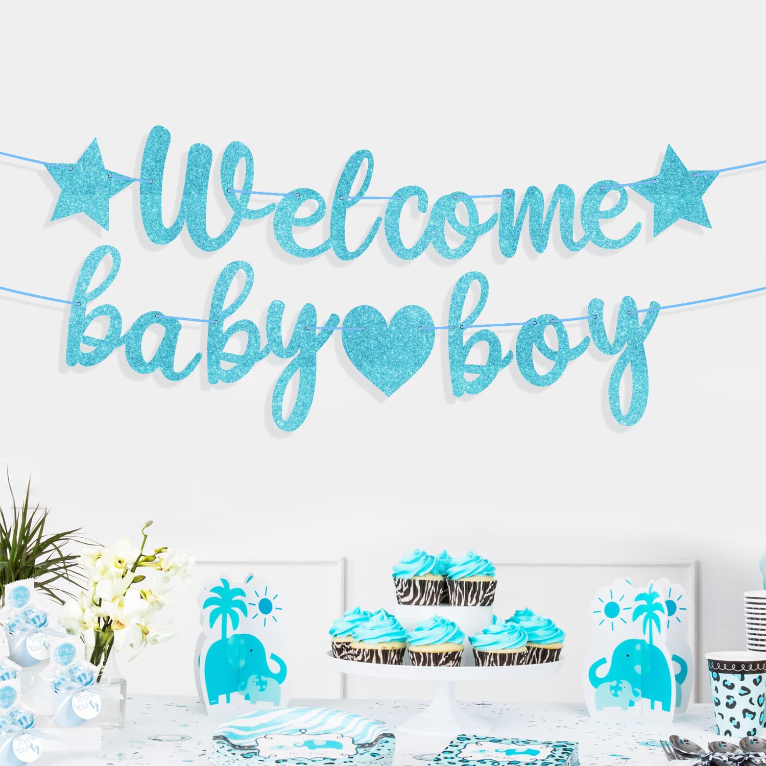 Baby Shower Bunting Banner Welcome Baby Girl Boy Gold Glitter Letter Flag Garland