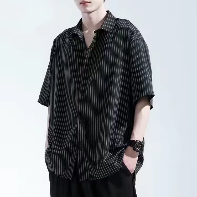 Summer Ice Silk Striped Half Sleeve Shirt Men's Casual Thin Loose Black High-Grade Ruffle Handsome Short Sleeve Shirt