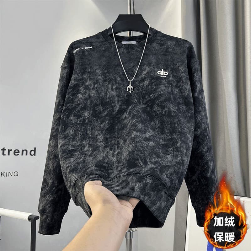 New Fall/Winter Embroidered Fleece Sweatshirt, Simple Tie-Dye Top, Crew Neck Slim-Fit Long Sleeve Sweatshirt for Men