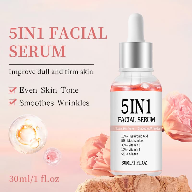 Cross-border English 5-in-1 Serum VC Vitamin E Hyaluronic Acid Collagen Moisturizing Facial Serum