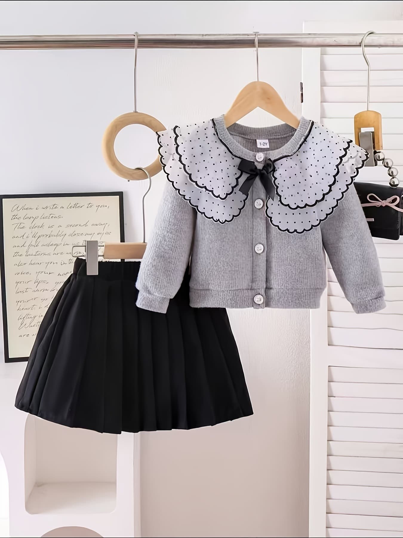 Young Girls Clothes 4-7Y Girls Spring/Fall Large Lapel Cardigan Top + Pleated Skirt