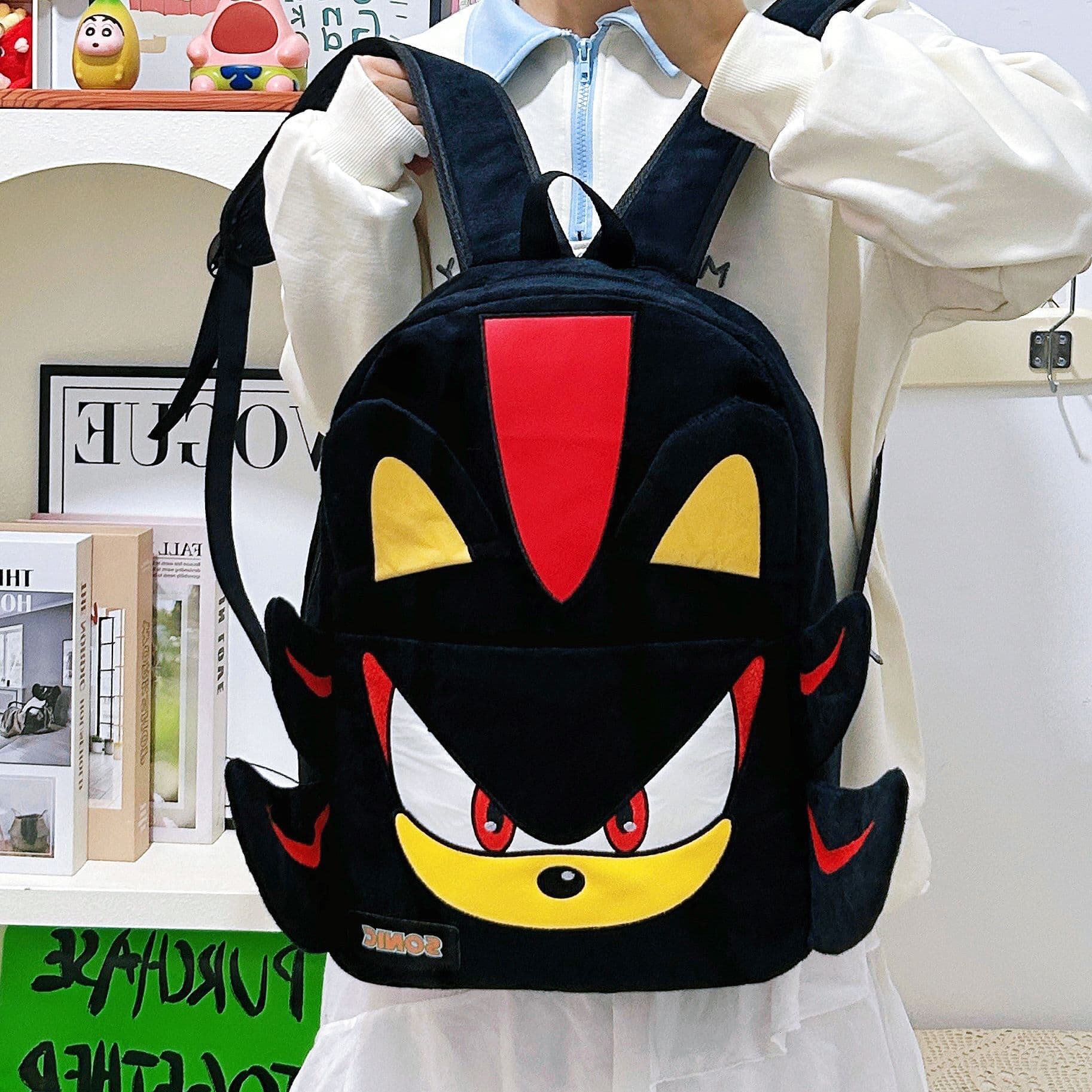 Campus Style Versatile Sonic Shadow Black Plush Backpack for Couples Students Travel School Bag Middle School