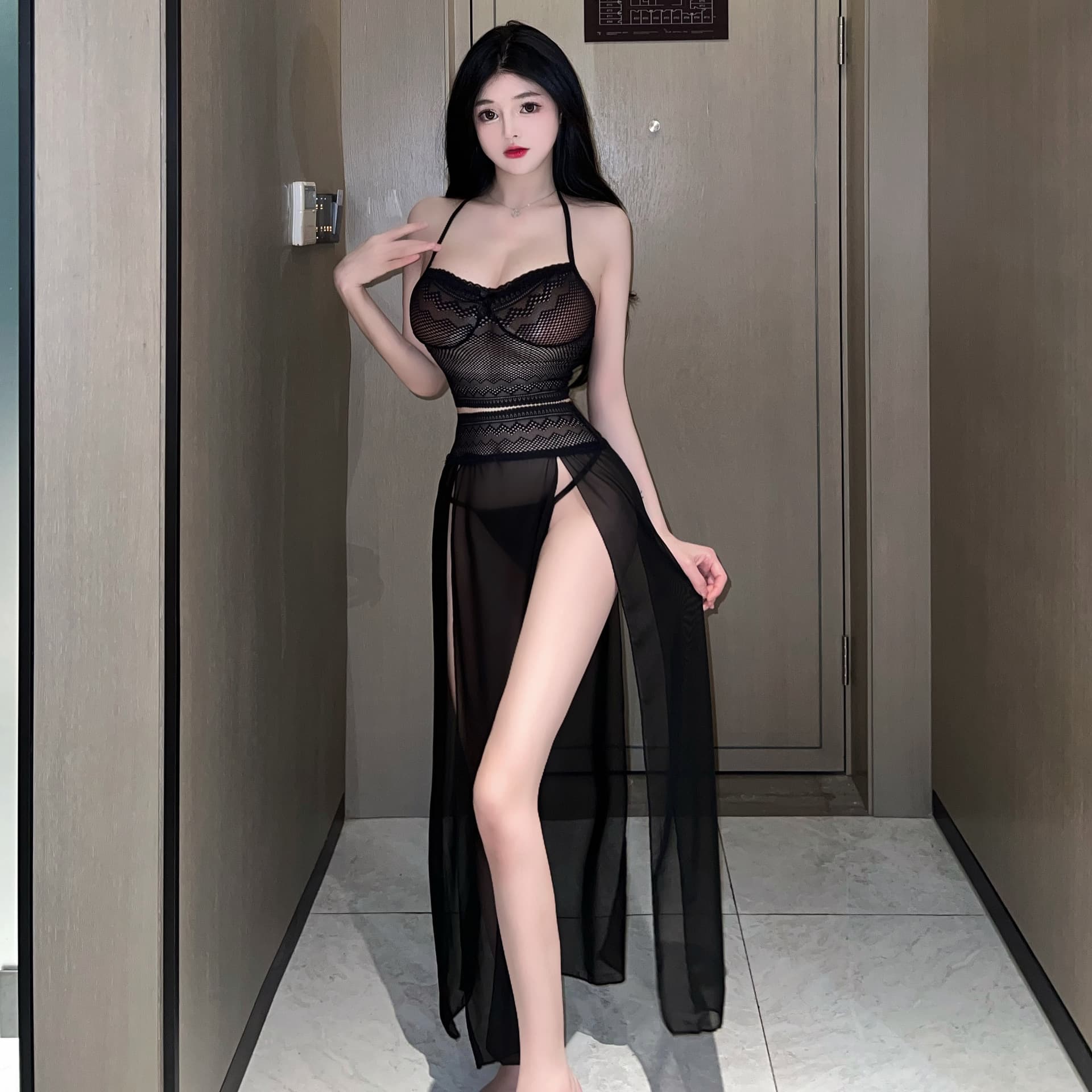 Lace Corset See-through Seductive Sleepwear Sexy Split Long Dress Halter Tie Lace Lingerie Set