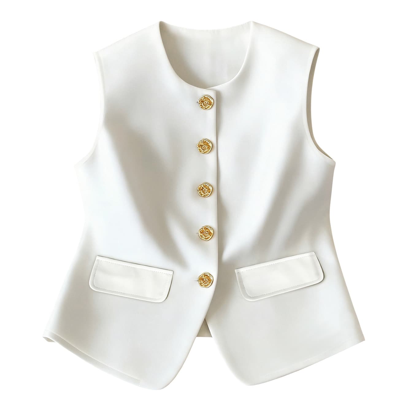 Medium and Large Girls' Chanel-Style Vest Slim Fit French Round Neck Gold Buttons White Black Elegant Slimming Top