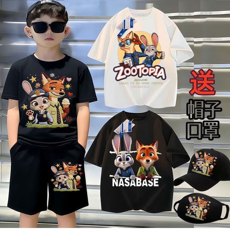 Kids Short Sleeve Set Summer Wear Zootopia T-Shirt Cartoon Print Boys Girls Pure Cotton Sportswear Children's Clothing