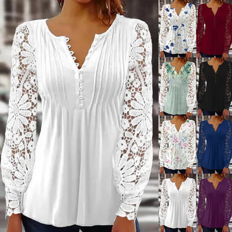 2023 Cross-Border European and American Spring & Fall Fashion New Women's Lace Sleeves Pleated Solid Color Button T-Shirt Blouse