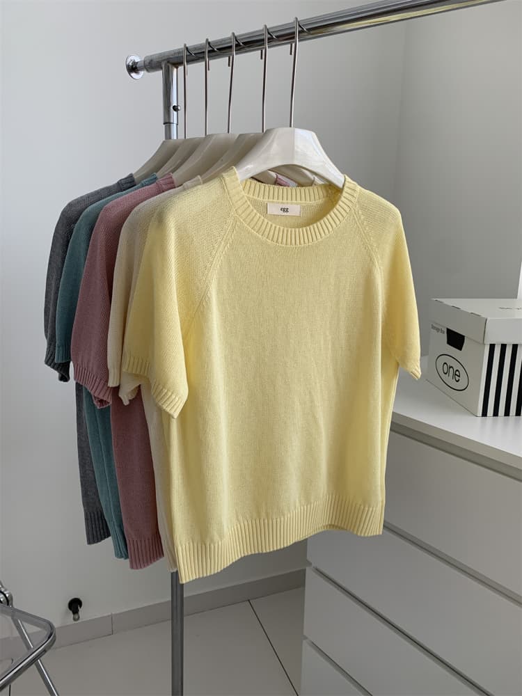 Simple Korean style solid color round neck ice silk short-sleeved women's versatile slim drape knitted T-shirt half-sleeved top summer