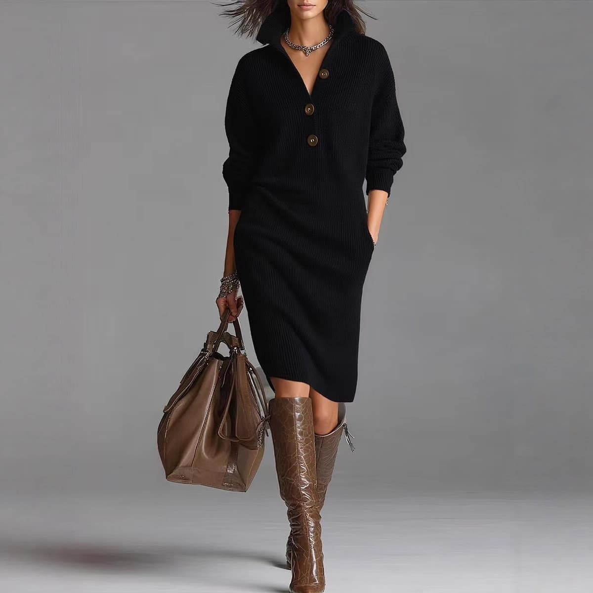 New Autumn/Winter Lazy Style Over-the-Knee Sweater Dress for Women, Long Loose Fit, Tall-Friendly Solid Color Knit Maxi Dress