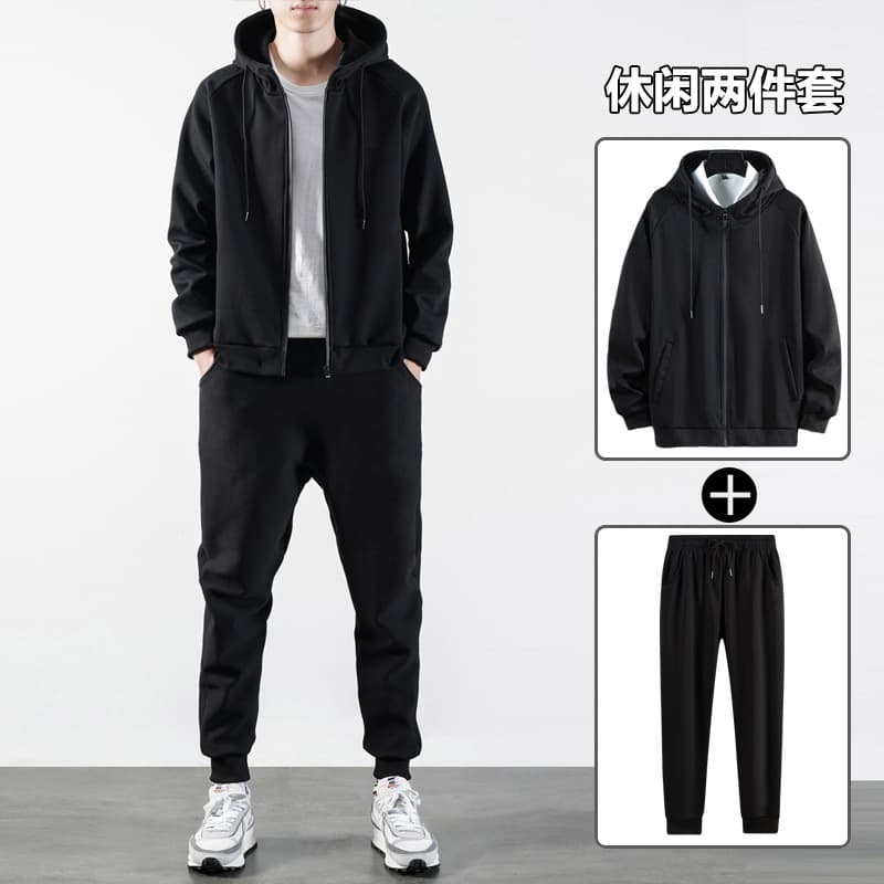 Men's Cotton Hoodie Sweatshirt Set, Casual Two-Piece Zip-Up Hoodie and Jogger Set for Autumn and Winter