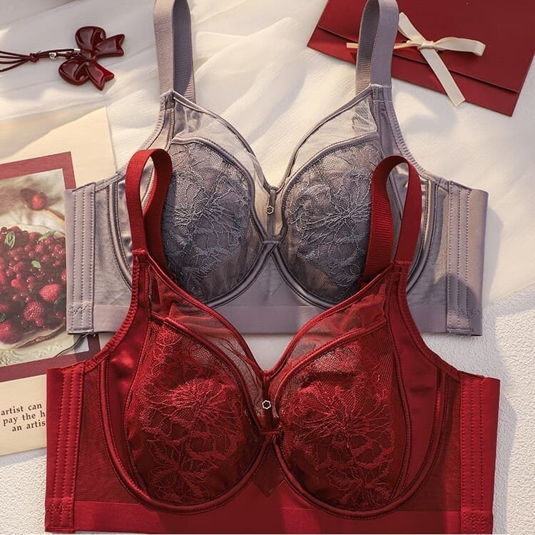 Red Sexy Lingerie Set for Women, Thin Fabric, Minimizes Large Bust, Gathers Side Fat, Prevents Sagging, Adjustable, Wedding Bride Bra Set