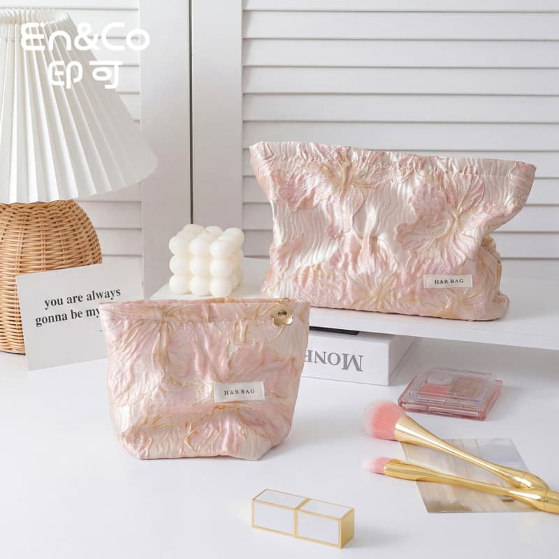 High-end light luxury pink gold jacquard cosmetic bag large capacity travel skin care product clutch bag portable sundries small bag