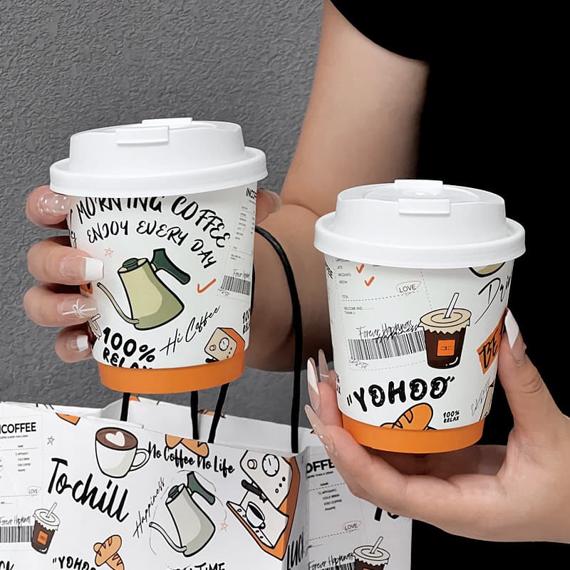 Disposable Coffee Cups with Lids, Creative Takeaway Packaging for Milk Tea, Double-Layer Anti-Scald Hot Drink Paper Cups, Wholesale