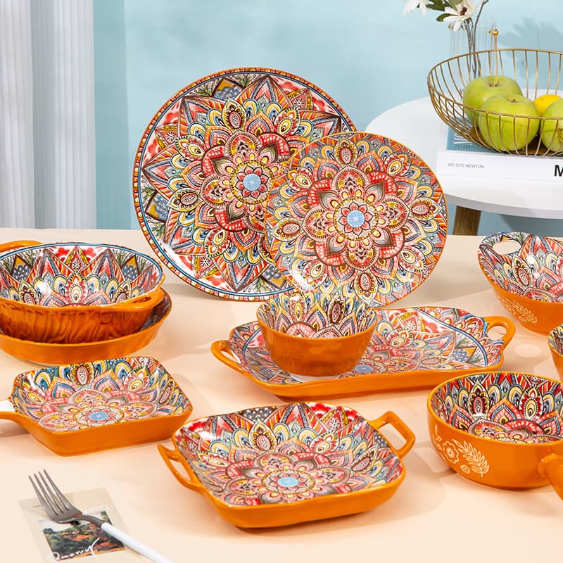 Bohemian ceramic tableware Marrakech bowls and plates Nordic retro Western dinner plates light luxury household color glazed bowls and plates