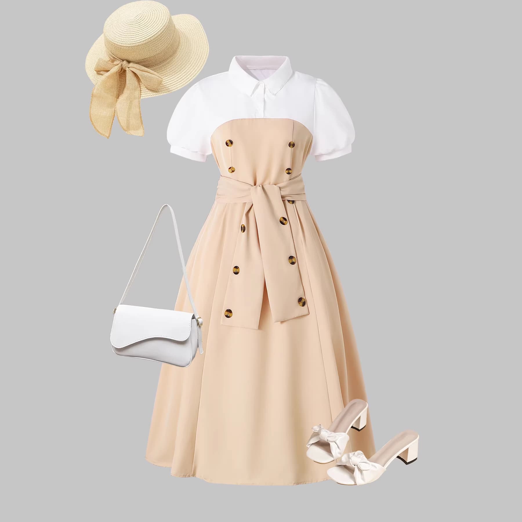 Youth Girls Short Sleeve Color Block Dress Spring Summer Casual Clothing Khaki + White Patchwork Dress