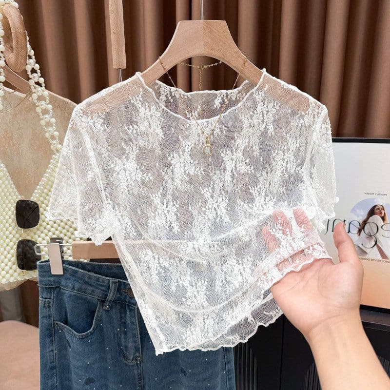 Sexy Sheer Short Sleeve T-Shirt, Matching Camisole Dress Inner Layer, Thin Mesh Top, Lace Short Top for Women Summer