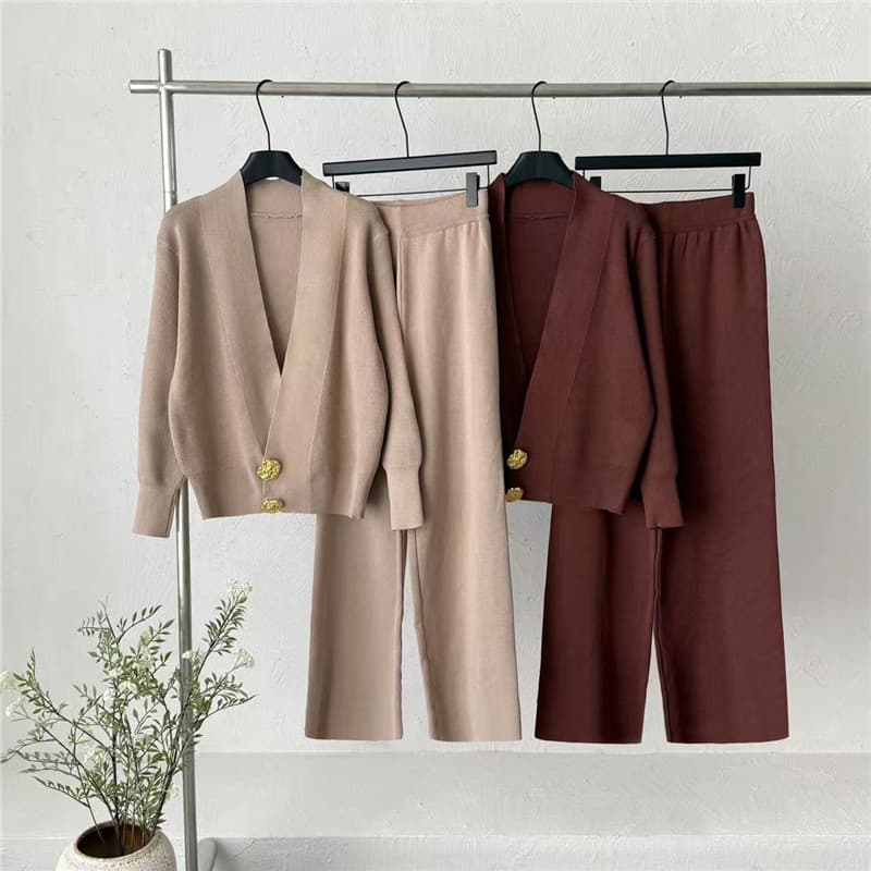 Cross-border Fashion Knit Set for Women 2026 Spring New Arrival Women's Clothing European and American Street Style Deep V Cardigan Coat Wide-Leg Pants