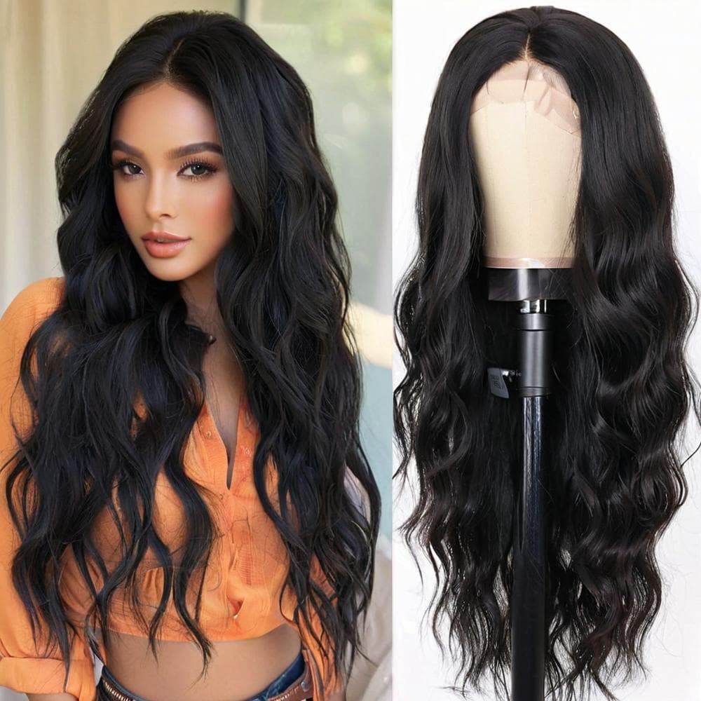 Women's Long Wavy Hair Wig Black Big Curl Medium Part Mechanism Head Cover Support Dyeable Heat Resistant Suitable for Any Skin Color And Face Type