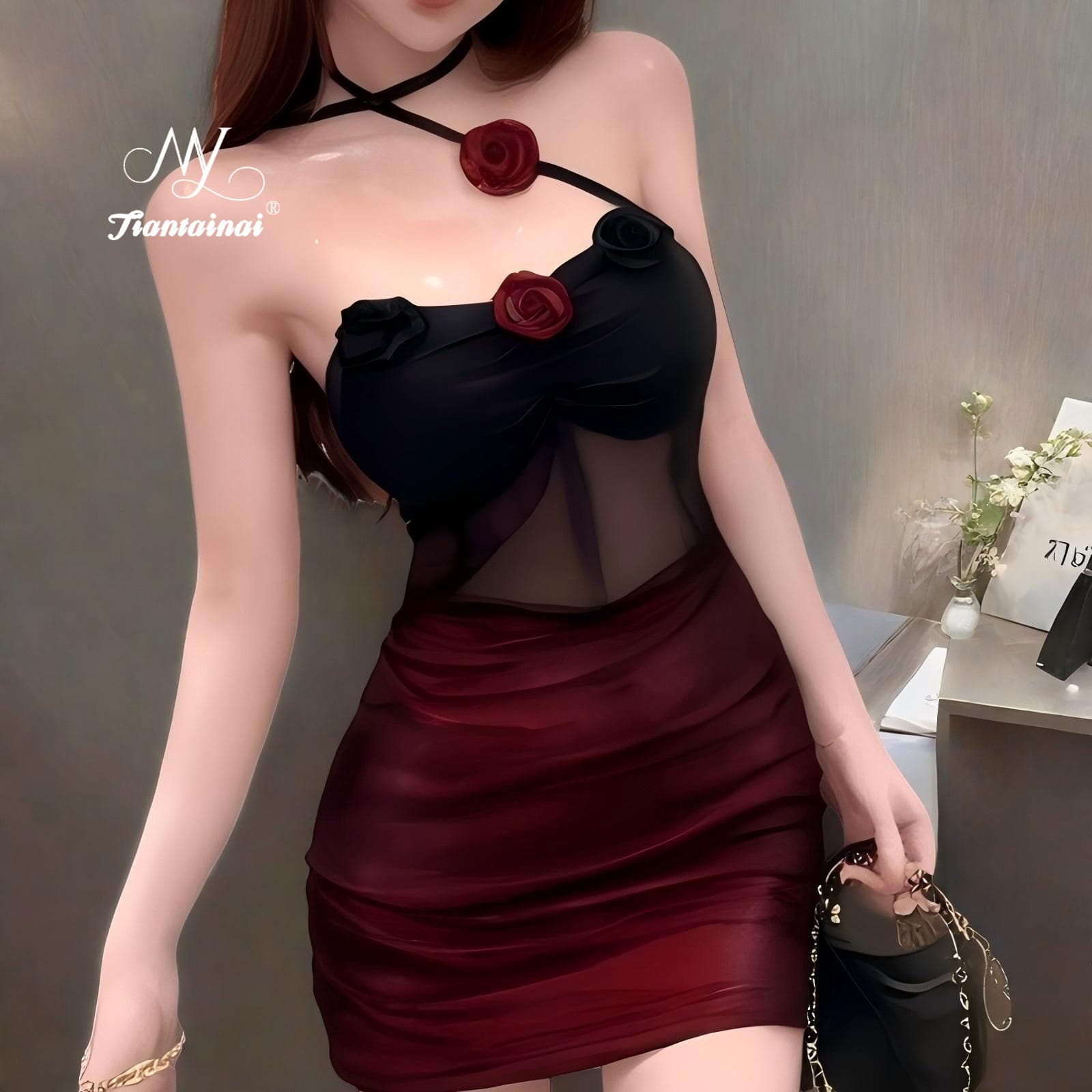 Dark Lingerie Sexy Mesh Rose Cheongsam Halter Backless Bodysuit Set for Women