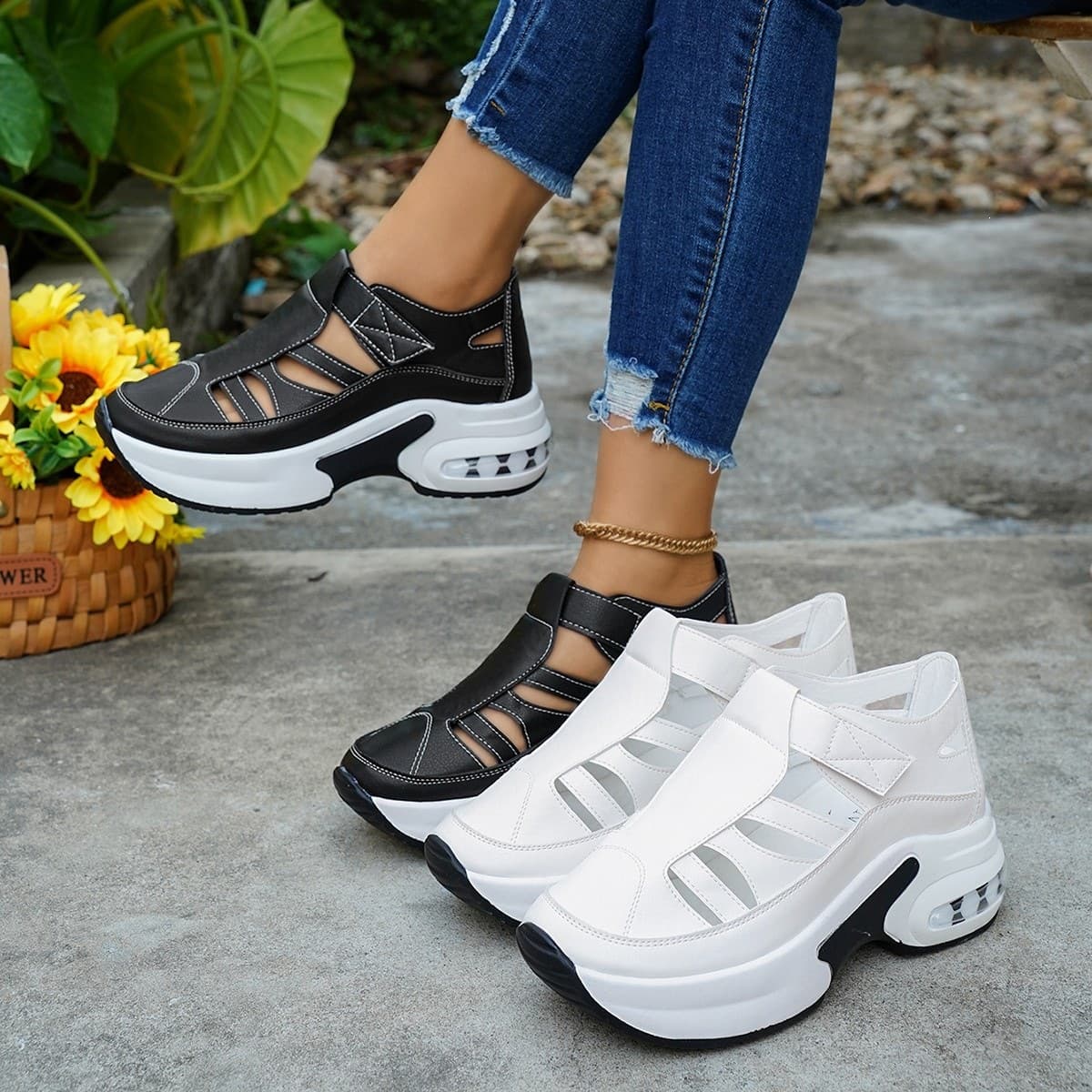 Thick Platform Wedge Sandals 2026 Velcro New Plus Size Women's Shoes Cross-border Closed Toe Hollow Out Chunky Heel Cushion Spring Summer