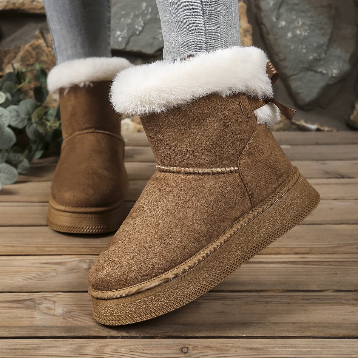 Women's Snow Boots with Fur Collar and Bow Decoration, Elegant and Versatile Thick-Soled Cotton Shoes for Cross-Border Trade