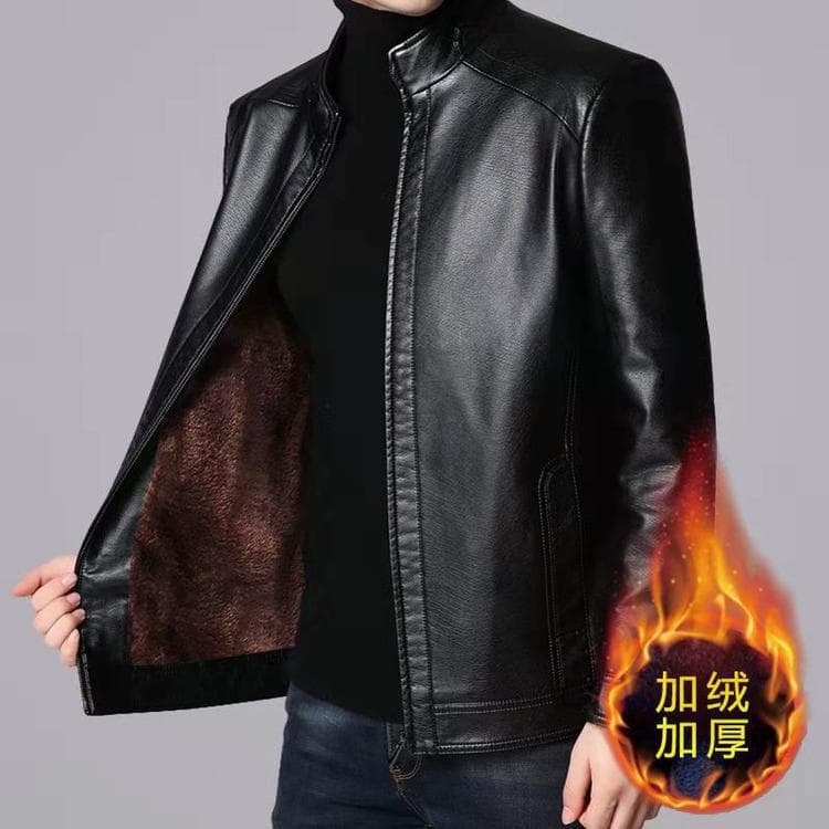 Cross-border Haining PU leather men's jacket, 2024 new autumn and winter father's style, fleece-lined and thickened sheepskin jacket.