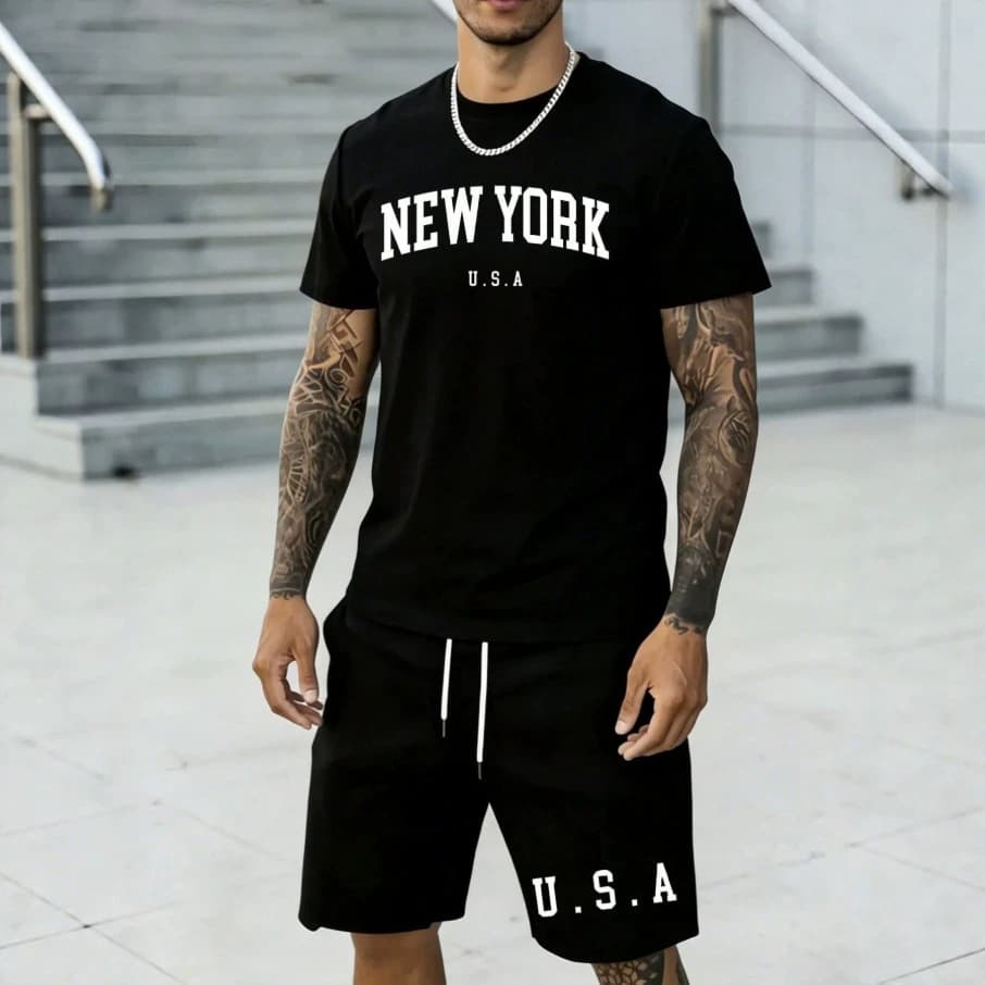 Cross-Border Exclusive + Men's Summer Printed T-Shirt and Shorts Mesh Set