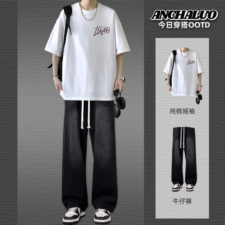 Summer Short Sleeve Set for Men - Complete Outfit Cotton T-Shirt Trendy Versatile Men's Wear with Jeans Rugged Handsome