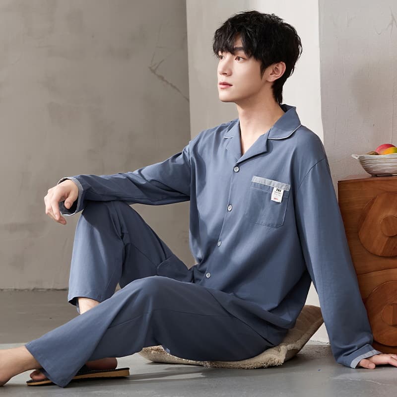 Men's Spring/Autumn Cotton Long-Sleeve Pajama Set, Thin Cotton Cardigan, Plus Size Homewear