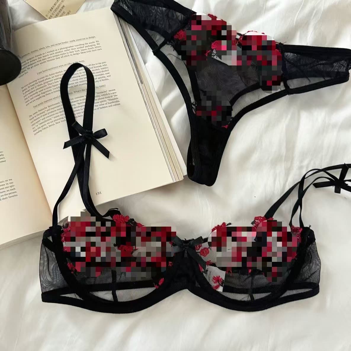 French Lingerie Women's Sensual Ink Painting Embroidery Butterfly Lace Bra Set Thin Cotton Cup Large Bust Minimizer Bra