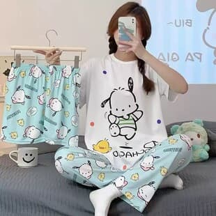 2026 Ins Style New Women's Pajama Summer Cotton-Like Short Sleeve 3-Piece Set, Korean Version Cartoon Loose Cotton Loungewear